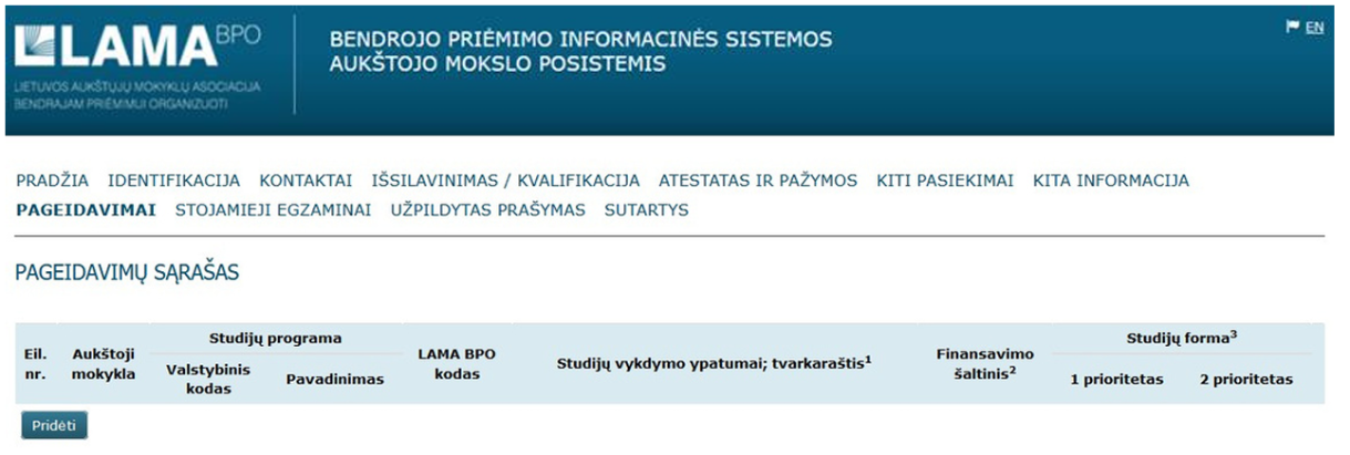LAMA BPO pageidavimų teikimo pildymo langas.