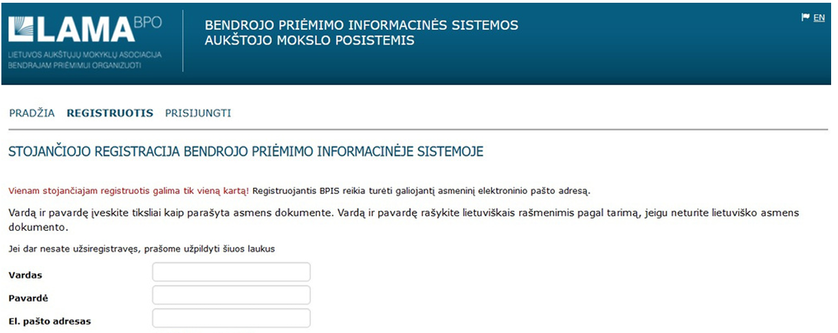 LAMA BPO registracijos pildymo langas.