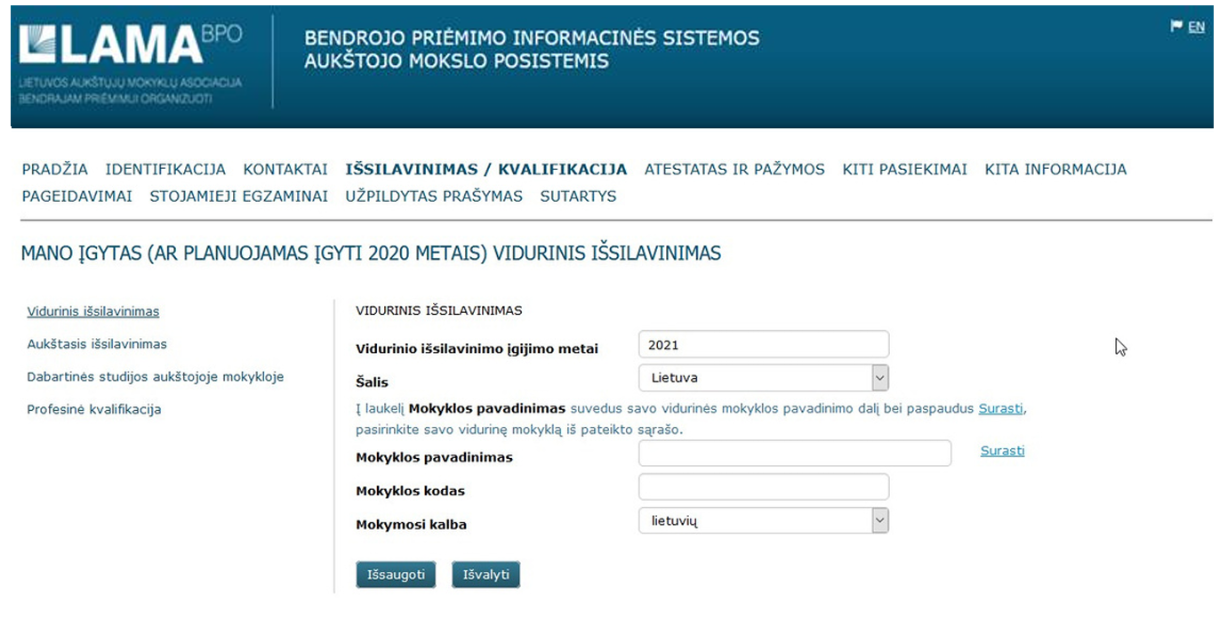 LAMA BPO skilties Išsilavinimas_kvalifikacija pildymo langas.