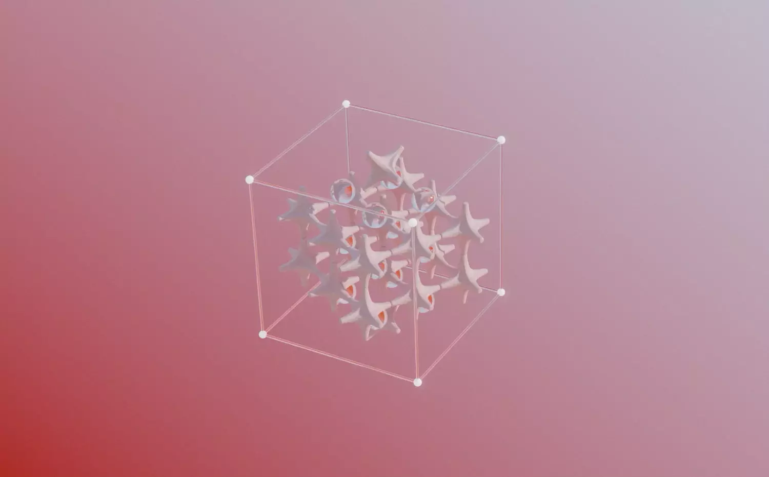 Šešiakampė molekulinė kristalo struktūra skaidriame kube su jungiamaisiais taškais – organinės chemijos, nanotechnologijų ir cheminių procesų tyrimų reprezentacija gamtos mokslų doktorantūros programoje Kauno technologijos universitete.