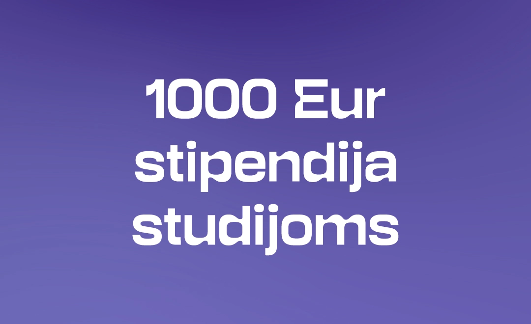 Tekstas &bdquo;1000 Eur stipendija studijoms&ldquo; pateiktas ant violetinio fono. Vaizdas pabrėžia finansinę naudą &ndash; stojant į KTU magistrantūros studijas VNF vietoje, galima gauti iki 1000 Eur studijų stipendiją studijų kainai padengti.
