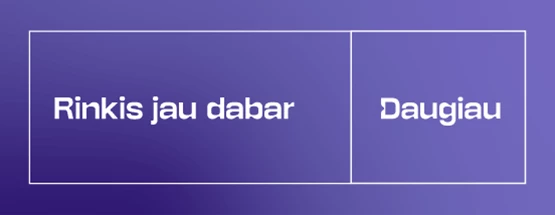 Animuotas violetinio fono vizualas su besikeičiančiu informaciniu užra&scaron;u. Pirmiausia pasirodo tekstas &bdquo;Visos magistrantūros studijų programos&ldquo;, kuris pasikeičia į &bdquo;Rinkis jau dabar&ldquo; ir &bdquo;Daugiau&ldquo;. Vizualas veikia kaip nuoroda į KTU magistrantūros studijų programų sąra&scaron;ą.