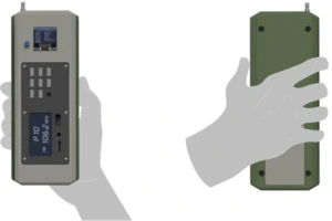 Daugiafunkcio radiacinio fono detektoriaus ergonomika laikant prietaisą rankoje