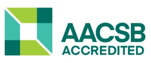 „AACSB Accredited“ akreditacijos logotipas. Kauno technologijos universiteto Ekonomikos ir verslo fakultetas yra akredituotas AACSB – vienos prestižiškiausių tarptautinių verslo mokyklų akreditacijų. Logotipas veikia kaip nuoroda į informaciją apie KTU EVF AACSB akreditaciją.