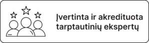Ikona su trimis stilizuotais žmonėmis ir žvaigždėmis virš jų bei tekstu „Įvertinta ir akredituota tarptautinių ekspertų“. Vizualas reprezentuoja tarptautinį studijų kokybės vertinimą ir akreditaciją.